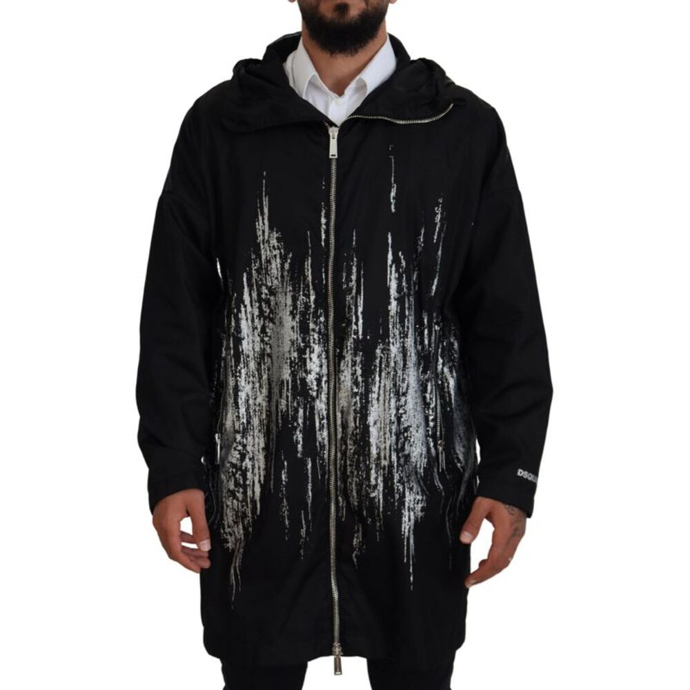 Dsquared² Black White Print Long Hooded Coat Nylon Men's Jacket